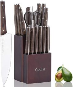 Kitchen Knife Sets; Cookit 15 Piece Knife Sets with Block for Kitchen Chef Knife Stainless Steel Knives Set Serrated Steak Knives with Manual Sha
