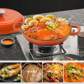 The enamel cast iron soup pot features a circular shower-style lid design and is suitable for various tools, such as ceramic, gas (Color: orange)